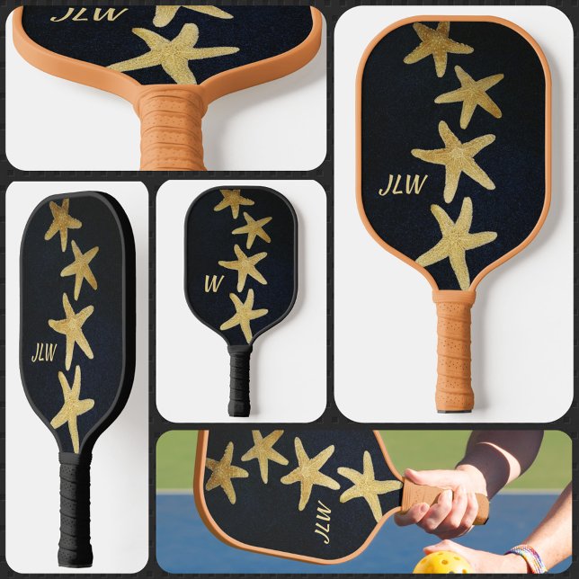 Palas De Pickleball Nautical Golden Starfish Monogramado Negro (Subido por el creador)