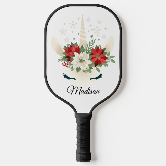 Palas De Pickleball Navidades florales Nombre personalizado de Unicorn (Anverso)