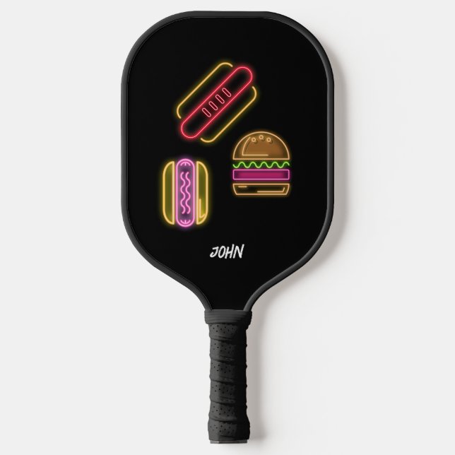 Palas De Pickleball Neon Fast Food Monograma Nombre Vibrante (Anverso)