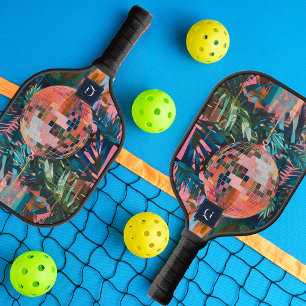 Palas De Pickleball Neon Jungle Disco Ball   Monograma retro funky