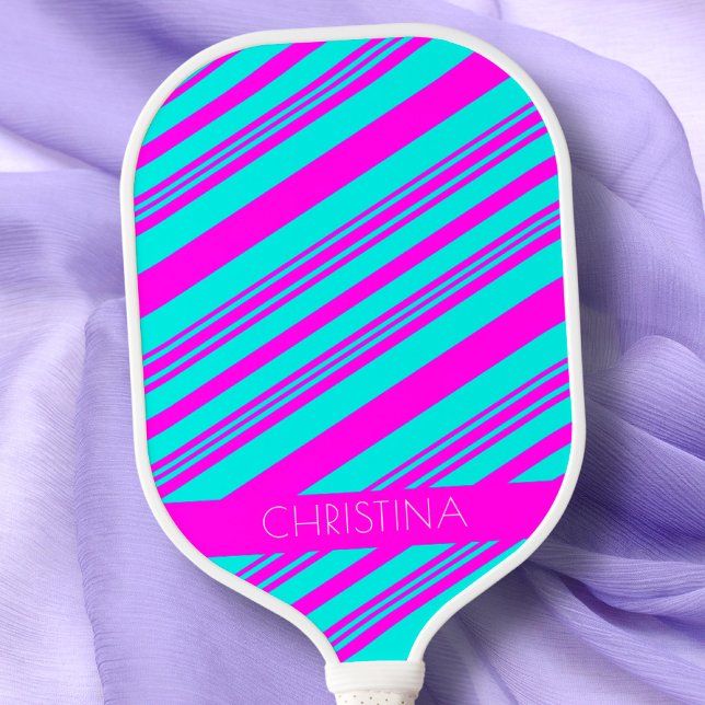 Palas De Pickleball Neon Pink and Blue Stripes Nombre moderno (Subido por el creador)