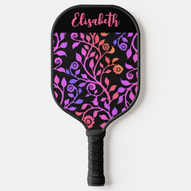 Palas De Pickleball Neon Purple Pink Black Floral Swirls Añadir tu nom (Anverso)