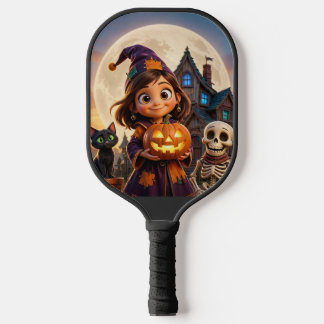 Palas De Pickleball Niña pequeña adorable con gato negro Feliz Hallowe