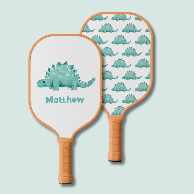 Palas De Pickleball Niños Dinosaurio (Cute dinosaur stegosaurus pickleball paddle.  Pattern to one side.  Personalize with your own name.)