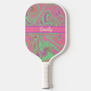 Palas De Pickleball Nombre de guión morado rosado con motivos líquidos