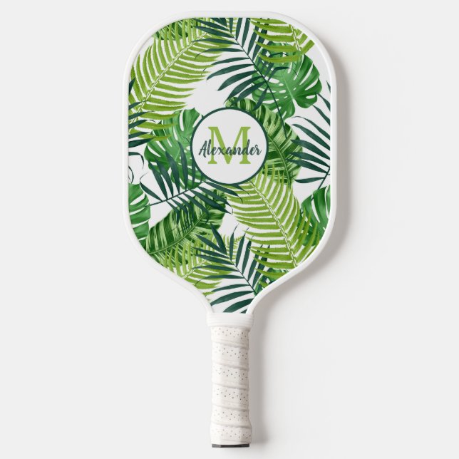 Palas De Pickleball Nombre de monograma de hojas tropicales verdes (Anverso)