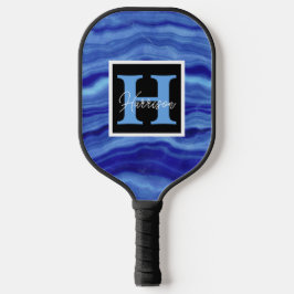 Palas De Pickleball Nombre de monograma de mármol azul personalizado