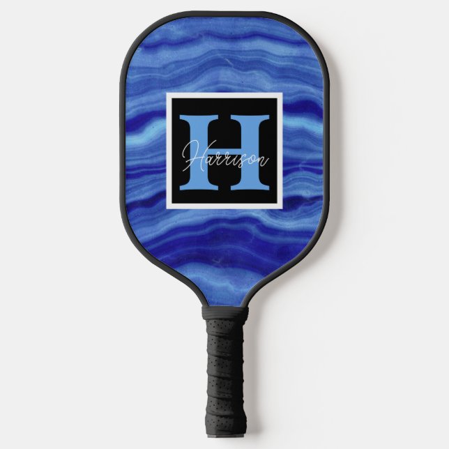 Palas De Pickleball Nombre de monograma de mármol azul personalizado (Anverso)