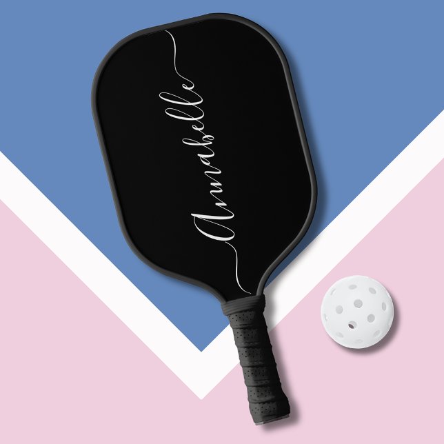 Palas De Pickleball Nombre del guión en blanco y negro (Modern script name personalized pickleball paddle in black and white)