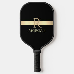 Palas De Pickleball Nombre dorado y monograma, barra dorada en negro