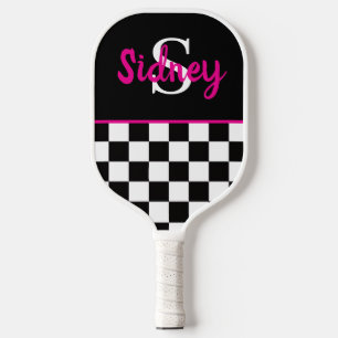 Palas De Pickleball Nombre en rosa neón con tablero de ajedrez retro