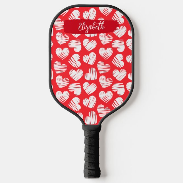 Palas De Pickleball Nombre moderno de San Valentín cardíaco rojo y bla (Anverso)