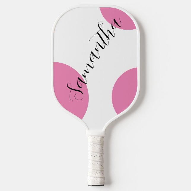 Palas De Pickleball Nombre moderno lindo grandes puntos de polka rosa (Anverso)