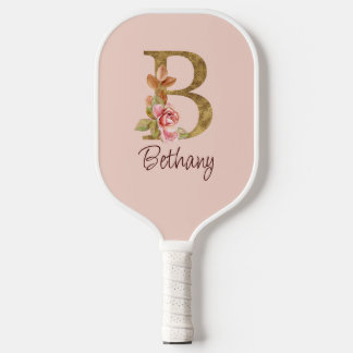 Palas De Pickleball Nombre personalizado Blush rosas rosadas hoja dora