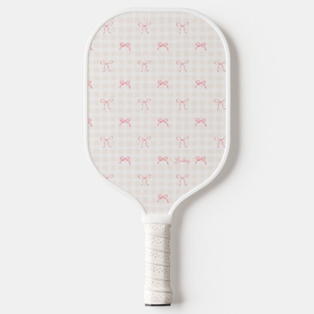 Palas De Pickleball Nombre personalizado de Bow Gingham rosado (Anverso)
