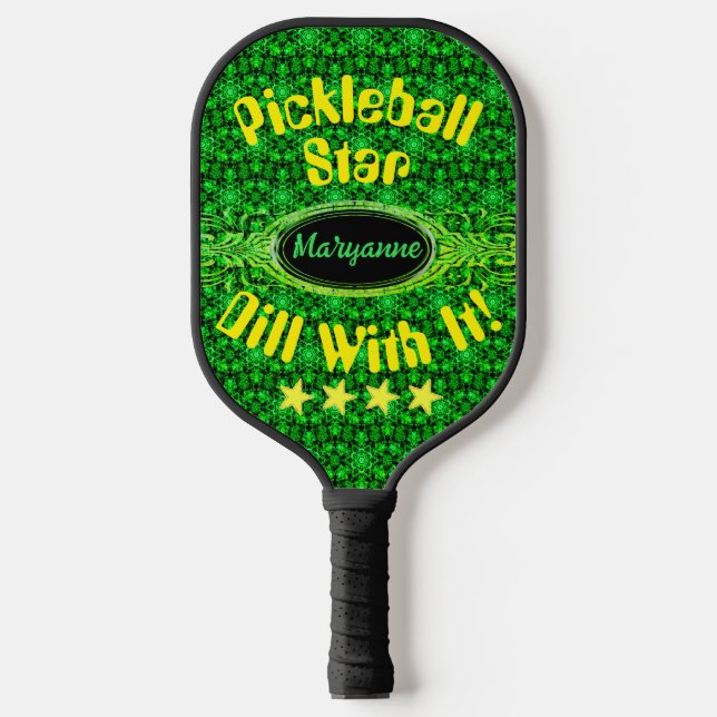 Palas De Pickleball Nombre personalizado de estrella verde brillante (Anverso)