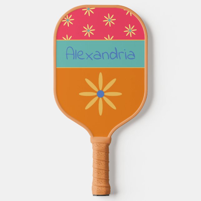 Palas De Pickleball Nombre personalizado de flor retro (Anverso)