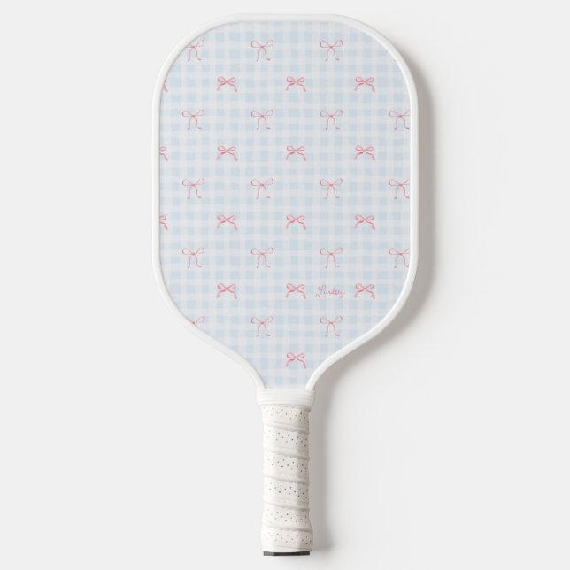 Palas De Pickleball Nombre personalizado de Gingham azul rosado Bow (Anverso)