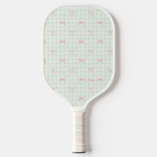 Palas De Pickleball Nombre personalizado de Gingham verde rosado Bow