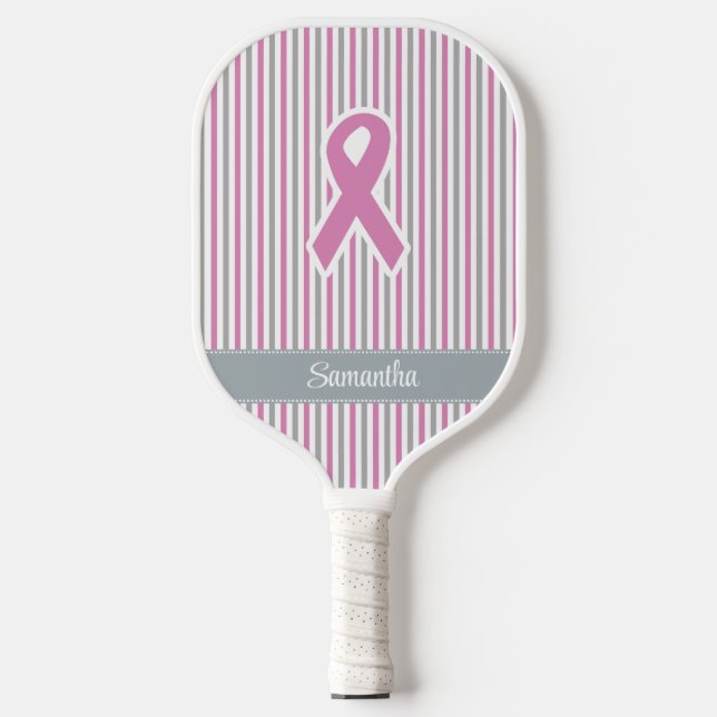 Palas De Pickleball Nombre personalizado de rayas rosadas y plateadas (Anverso)