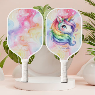 Palas De Pickleball Nombre personalizado de unicornio arcoiris de chic