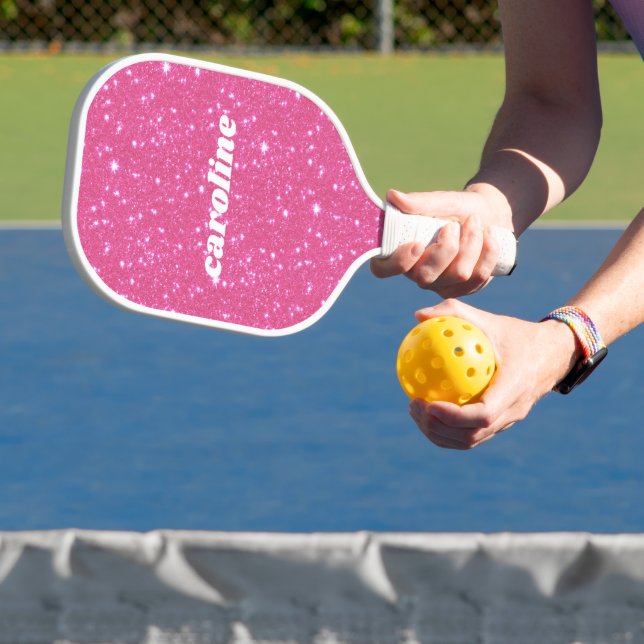 Palas De Pickleball Nombre personalizado del Purpurina Retro Hot Pink  (in situ)
