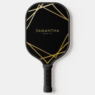 Palas De Pickleball Nombre personalizado geométrico negro de oro