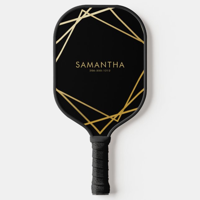 Palas De Pickleball Nombre personalizado geométrico negro de oro (Anverso)