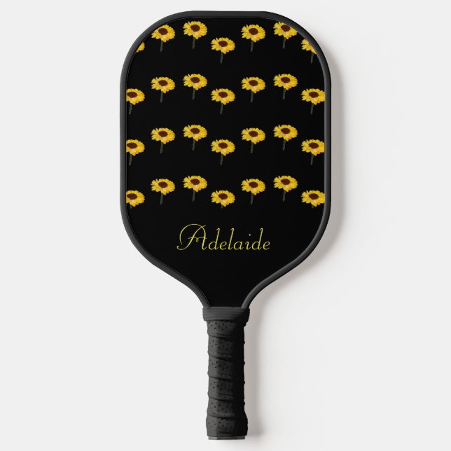 Palas De Pickleball Nombre personalizado girasoles amarillos en negro (Anverso)