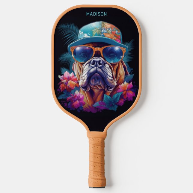 Palas De Pickleball Nombre personalizado Perro de vacaciones tropical (Anverso)