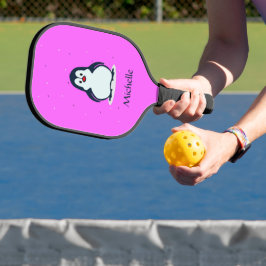 Palas De Pickleball Nombre personalizado pingüino lindo en rosa