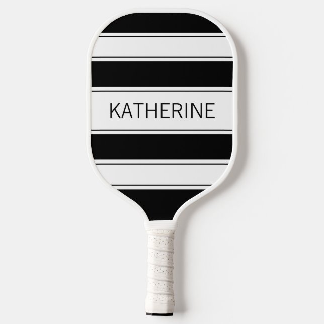 Palas De Pickleball Nombre personalizado simple rayado en blanco y neg (Reverso )
