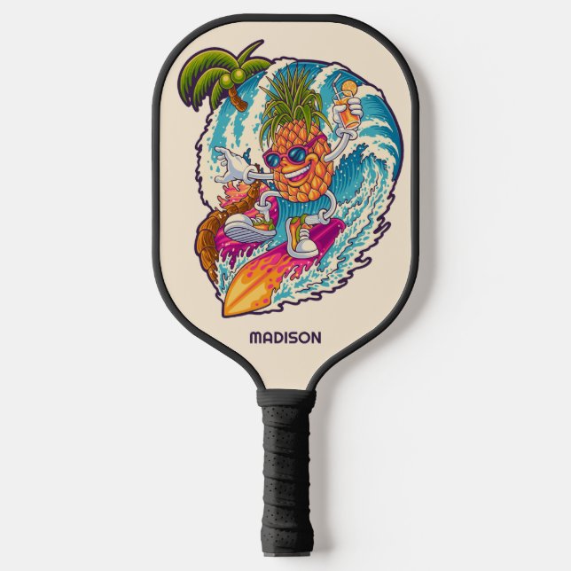 Palas De Pickleball Nombre personalizado Surfing Pineapple (Anverso)