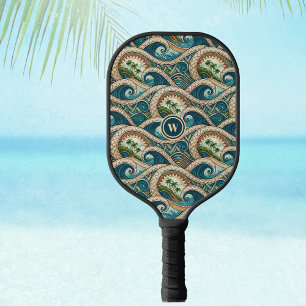 Palas De Pickleball Olas polinesias y monograma retro de palmeras