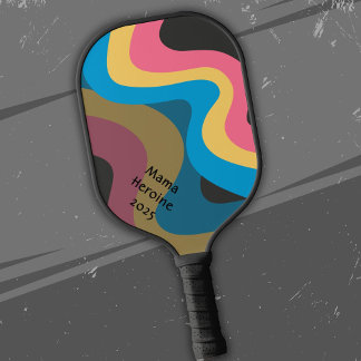 Palas De Pickleball Olas retro en azul amarillo rosado con tu texto