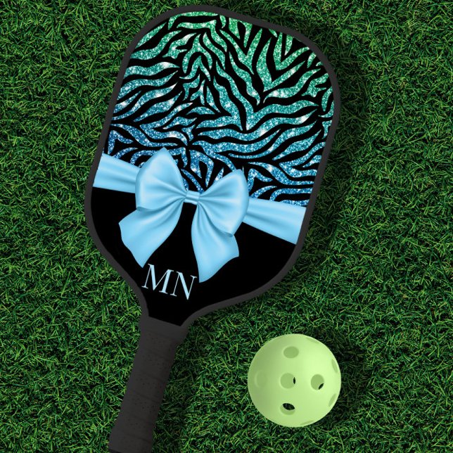 Palas De Pickleball Ombre Purpurina Zebra Blue Bow Monogramado (Subido por el creador)