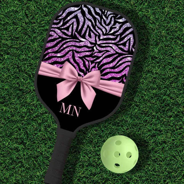 Palas De Pickleball Ombre Purpurina Zebra Rosa Bow Monogramado (Subido por el creador)