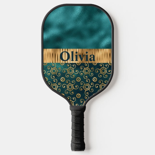 Palas De Pickleball Oro metálico Verde azulado personalizado (Anverso)
