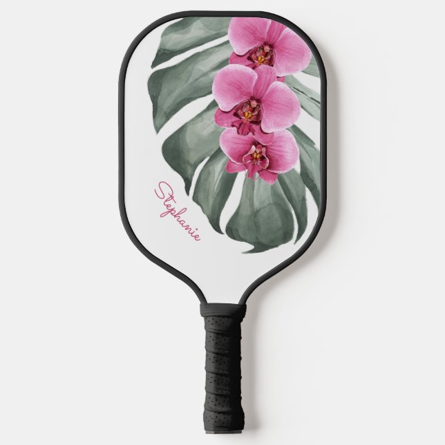Palas De Pickleball Orquídeas rosadas calientes en hoja de Monstera co (Anverso)