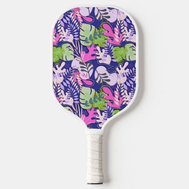 Palas De Pickleball Paddle de bolas: Hojas abstractas (azul/fucsia) (Anverso)