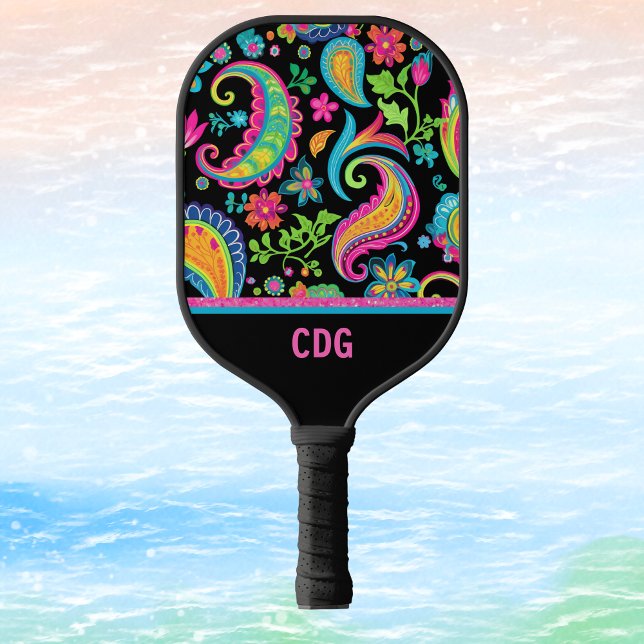 Palas De Pickleball Paisley tropical y patrón floral con monograma (Subido por el creador)