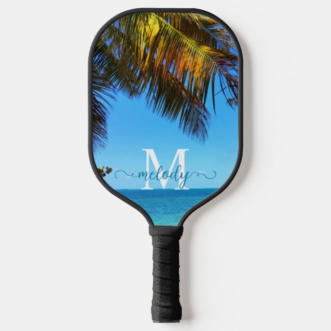 Palas De Pickleball Palm Beach Tropical Foto Monograma Script Nombre (Anverso)