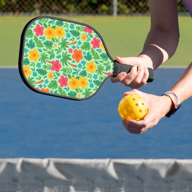 Palas De Pickleball Paraíso tropical - Hojas de palma y patrón de hibi (in situ)