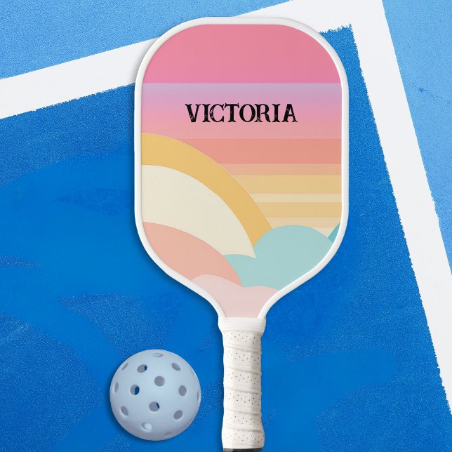 Palas De Pickleball Pastel Cute Patrón de Bonito Moderno Hippie de est (A cute personalized pickleball paddle, with a groovy retro design in pastel colors)