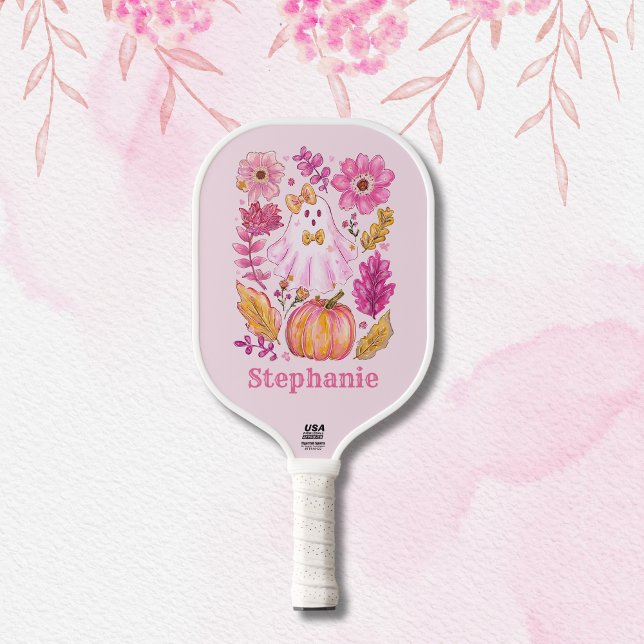 Palas De Pickleball Pastel Pink Halloween Ghost with Custom Name (Subido por el creador)