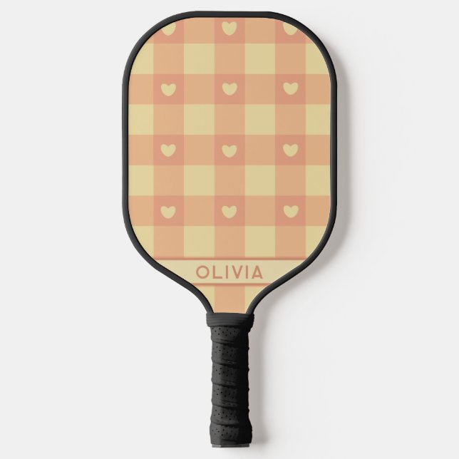 Palas De Pickleball Patrón cardíaco de Peach Gingham, Kawaii Cute Chec (Anverso)