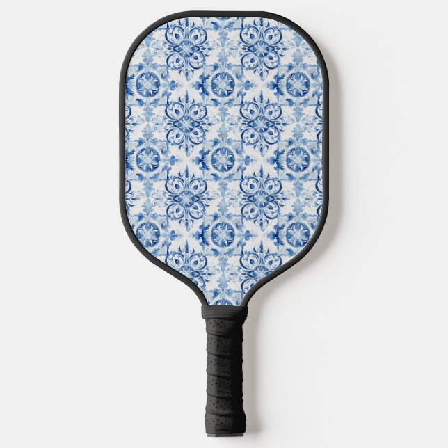 Palas De Pickleball Patrón de baldosas de acuarela azul y blanco itali (Anverso)