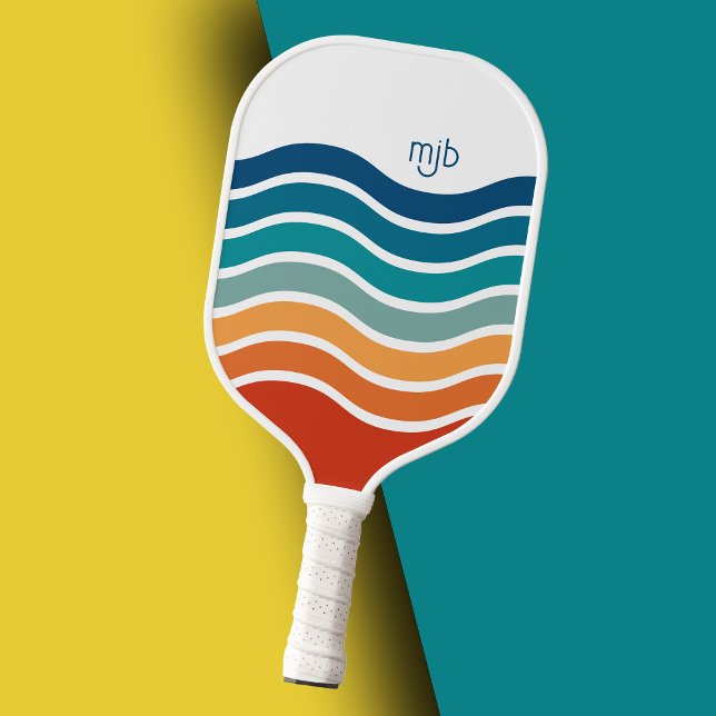 Palas De Pickleball Patrón de bandas onduladas retro con su monograma (Personalize this colorful sporty pickle ball paddle with your monogram initials.)
