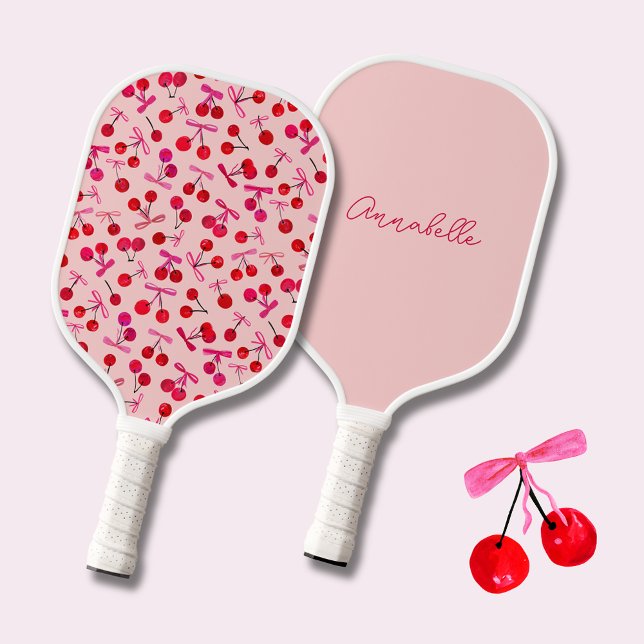 Palas De Pickleball Patrón de cerezo y arco (Coquette cherry and bow girly pattern pink pickleball paddle. Personalize with own name or initials.)