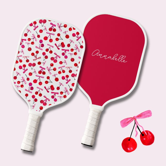 Palas De Pickleball Patrón de cerezo y arco (Coquette cherry and bow girly pattern personalized pickleball paddle.)
